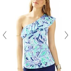 Lilly Pulitzer One Shoulder Neveah Top size medium “Nice Ink” print lilac & blue